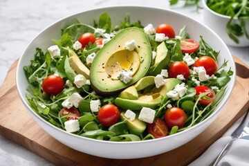Healthy green salad with avocado, arugula, cherry tomatoes, feta, and olive oil served in a white ceramic bowl on a light marble table — fresh and vibrant restaurant-style dish. Cafe, menu, blogs, ads