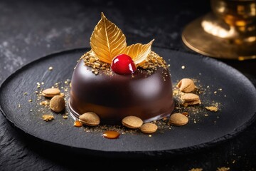 Luxury close-up of dark chocolate mousse dome with gold leaf, berry coulis, and golden caramel chips on a black plate on black slate table – perfect for fine dining, patisserie, dessert branding, cafe