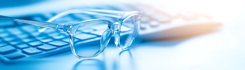Clear eyeglasses resting on a keyboard with a blurred background
