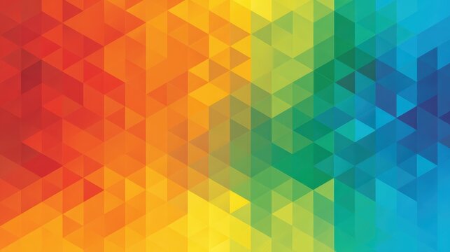 A vibrant geometric background with a gradient of colors transitioning from red, orange, yellow, green to blue, composed of overlapping triangles