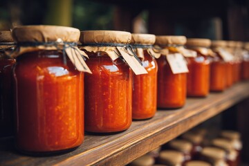 Glass jars filled with homemade red tomato sauce are arranged on a wooden shelf, ready for sale or distribution.