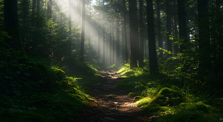 Mysterious forest path illuminated by soft, ethereal light.