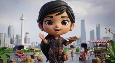 Animated character presents Indonesian Satay street food in Jakarta's urban setting with landmarks