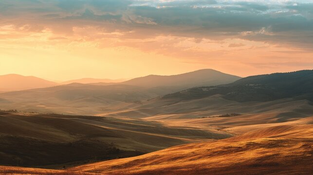 Golden hour rolling hills landscape with warm soft sky.