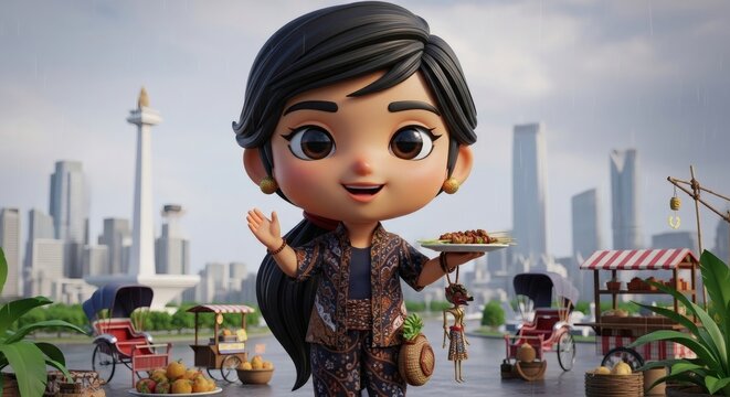 Animated character presents Indonesian Satay street food in Jakarta's urban setting with landmarks