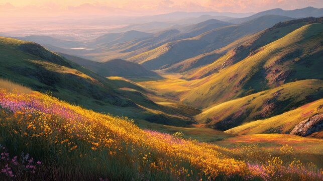 Golden hour rolling hills with wildflowers and soft sky.