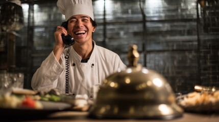 A restaurant chef smiling as they hit the call bell in the kitchen, announcing that the dish is ready to be picked up, with kitchen tools and ingredients visible.