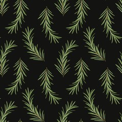 Seamless watercolor pattern with rosemary sprigs on a dark background. Ideal for packaging, textiles, culinary design, restaurants, backgrounds, and menu decor.