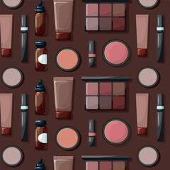 Seamless makeup pattern Make up beauty. Mascara, cream bottle, lipstick, powder, and eyeshadow on a brown background.