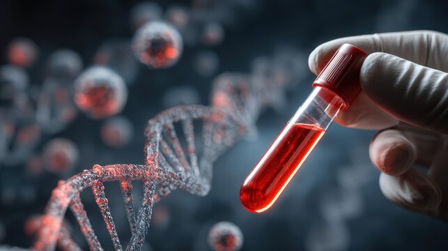 growth factor steam cell test tube in hand, hand taking a Red color sample tube with DNA structure background. Technician holding blood tube test in the research laboratory.