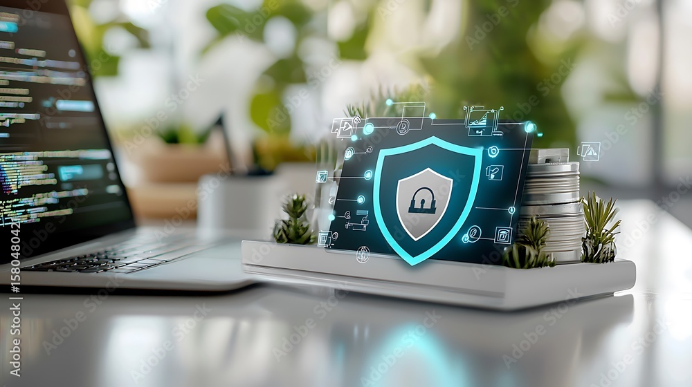 Poster digital security concept with shield icon and currency stack on a workspace with laptop and plants i