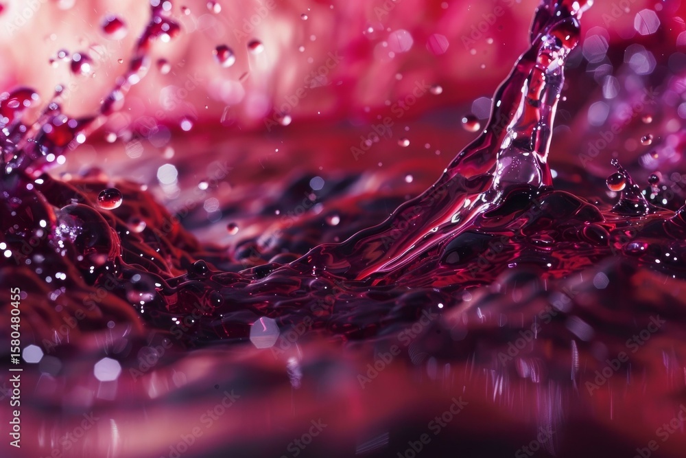 Poster dynamic splashing red liquid forming waves and droplets with a beautiful bokeh effect