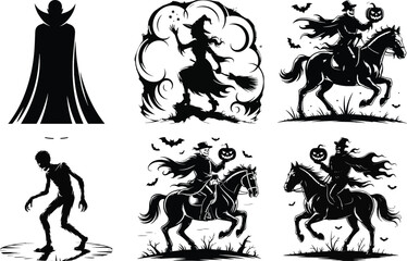 Fototapeta premium Halloween silhouette vector set with vampire, witch, headless horseman, zombie, spider, and crystal ball illustration