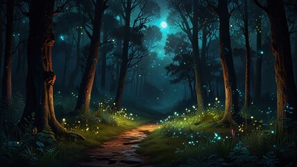 Fototapeta premium Mystical Enchanted Forest with Fireflies Under Moonlit Night Sky V8