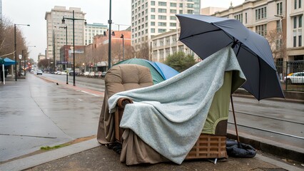 Improvised outdoor shelter with armchair, umbrella and tent on rainy sidewalk, reflecting urban adaptation and resilience in daily survival