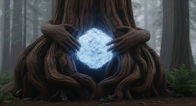 Mystical tree embraces glowing orb in a serene forest landscape scene - Powered by Adobe