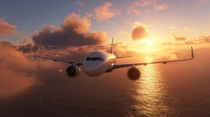A commercial airplane flies over the ocean at sunset, with golden sunlight reflecting off the water and clouds in the sky