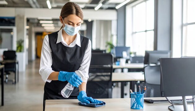 A professional cleaner wearing a face mask, actively disinfecting a table in an empty office space - capturing hygiene, safety, and cleanliness
