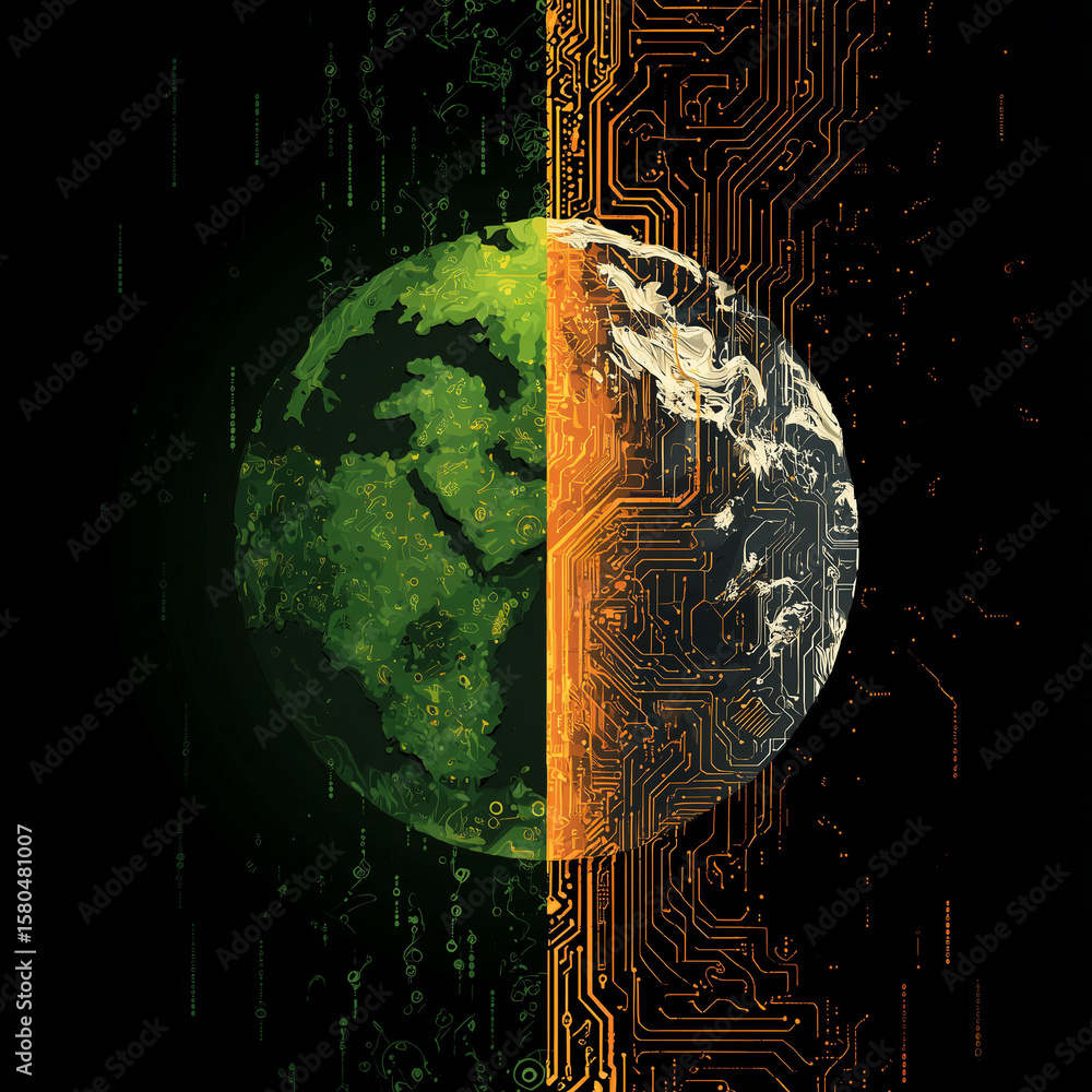 Aufkleber green earth globe with lush digital data streams on one half, transitioning to a circuit board textu