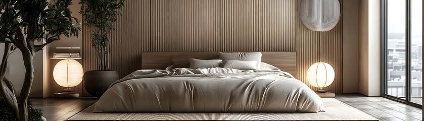 A serene and modern bedroom setting with beautiful minimalist design