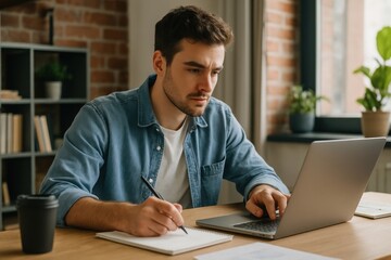 Focused man working remotely.