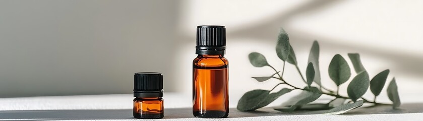 Two brown bottles with green leaves on a white surface