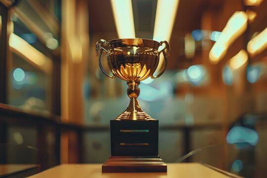 Golden trophy sits on a wooden base, representing victory, success, and recognition in a competition or award ceremony