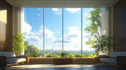 Fototapeta premium Spacious interior with cityscape view
