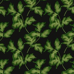 Watercolor seamless pattern with green parsley and cilantro leaves on a dark background. Natural botanical background for packaging, textiles, and culinary projects.