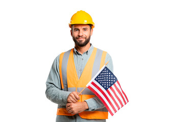 Construction worker holding american flag celebrating united states labor day on transparent background, PNG