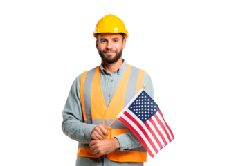 Construction worker holding american flag celebrating united states labor day on transparent background, PNG