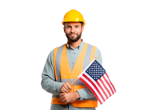 Construction worker holding american flag celebrating united states labor day on transparent background, PNG