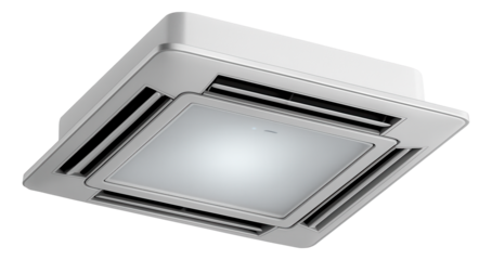 Mini-split heat pump for a small apartment, with a discreet ceiling cassette unit that optimizes space and efficiency.