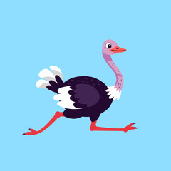 Cute cartoon ostrich in a running pose with vibrant colors and playful style. Ideal for children’s designs, educational content, and animal-themed illustrations