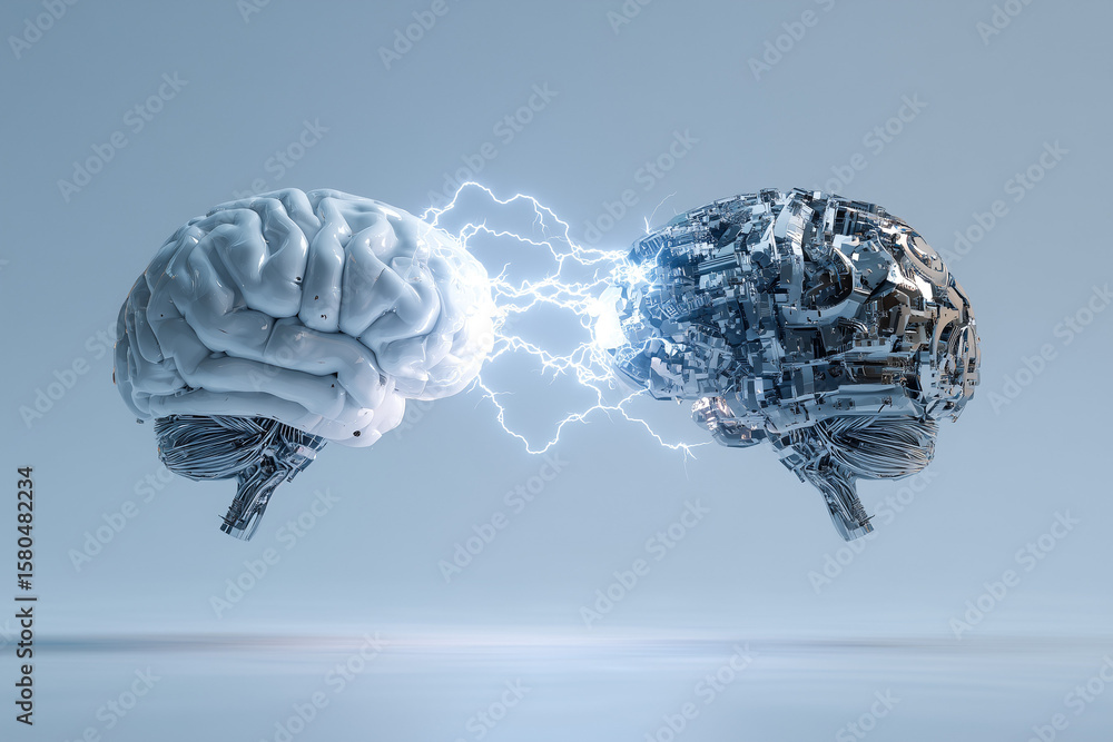 Poster a mechanical gear brain connects with a cloud-like brain via a lightning bolt, symbolizing the fusio