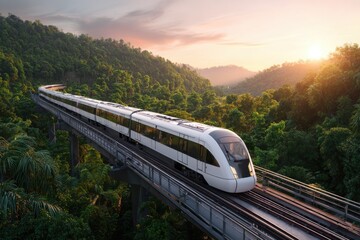 Modern white high-speed train traveling through lush green forest on elevated tracks at sunset, symbolizing eco-friendly transportation and futuristic rail travel technology.