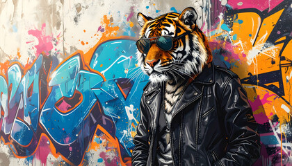 Tiger in Sunglasses and Leather Jacket Against Graffiti Wall