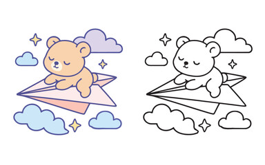 Flying Teddy Bears on Paper Plane – Cute Half Colored and Outline Vector for Children

