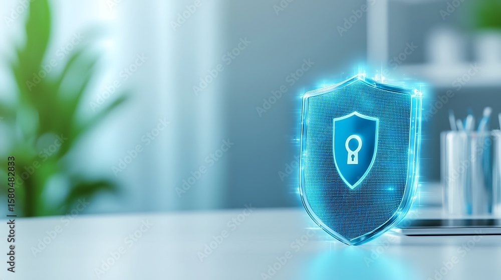 Poster digital shield with keyhole symbol representing cybersecurity protection and data security concepts 