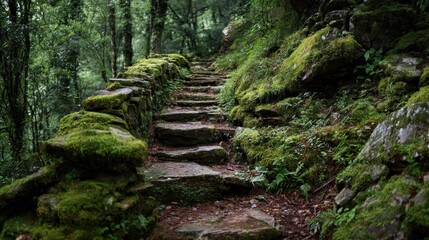 Old moss-covered stone stairway in dense forest.
