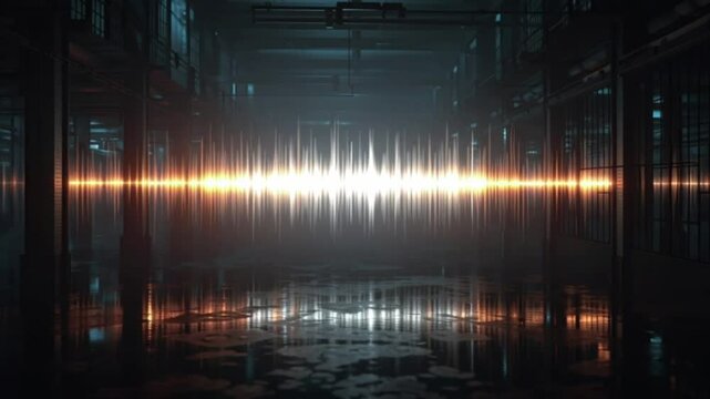 Ethereal Soundwave Visualizer Pulsating in a Dark Industrial Interior, a Mesmerizing Display of Audio Energy