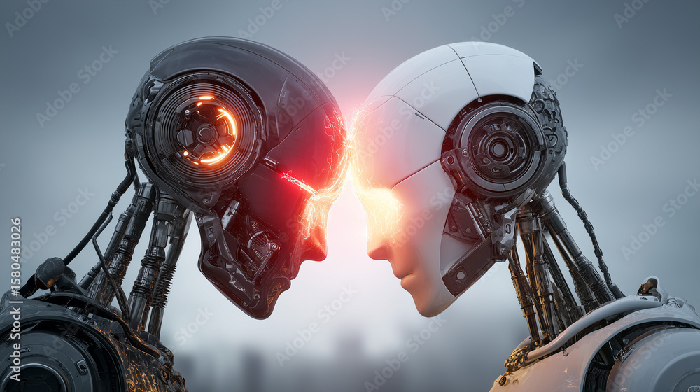 Poster two advanced robotic heads with glowing red eyes face each other, symbolizing connection and artific