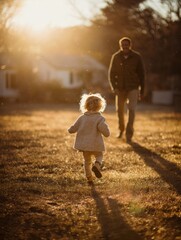 Child Joyfully Runs Towards Father in Warm, Golden Light During Early Evening Outdoors