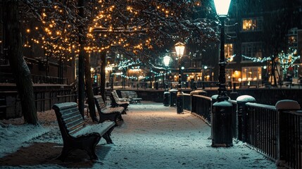 Snowy city pathway night