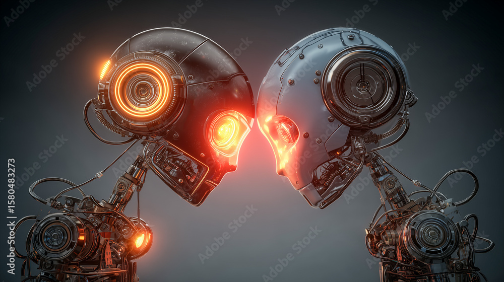Poster two advanced robotic heads with glowing red eyes face each other, symbolizing connection and artific