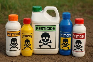 Colorful pesticide bottles outdoors.