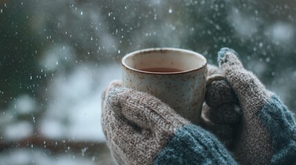 Warm Mug Held in Cozy Wool Gloves While Snow Gently Falls Outside a Clear Window in Winters Embrace