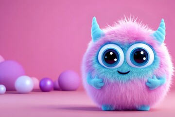 Fototapeta premium Adorable fluffy pink and blue monster posing on pink background with spheres