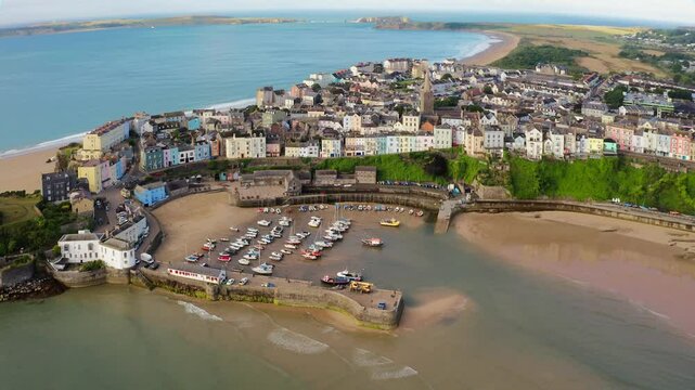 The port and the sand beaches in the Old town of Tenby, Wales, United Kingdom
