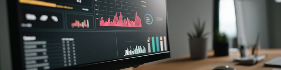Data analysis dashboard display on office monitor with graphs and charts